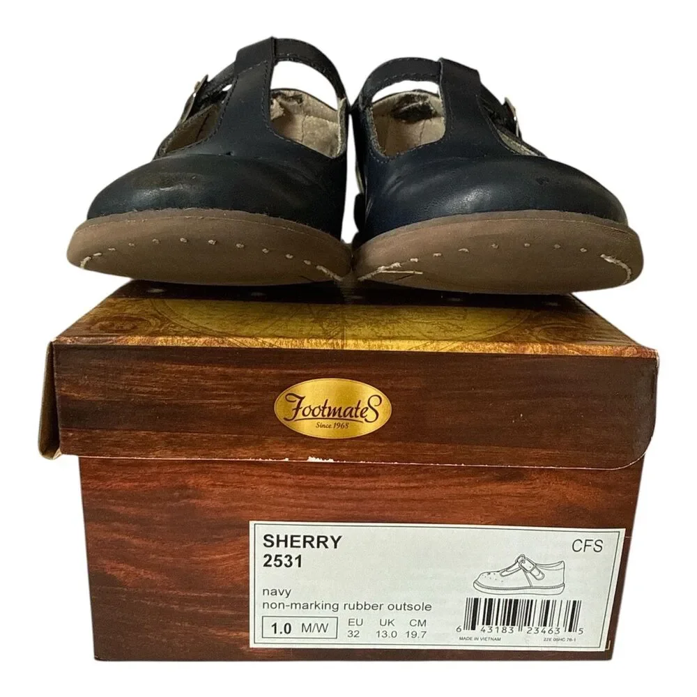FOOTMATES Girls Size 1M / 1W Leather Shoes Mary Jane Navy Blue Wide Shoe Sherry